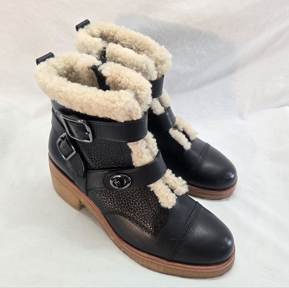 Coach Shoes - COACH Preston Women's 9.5B Black Leather Shearling Moto Booties Boots